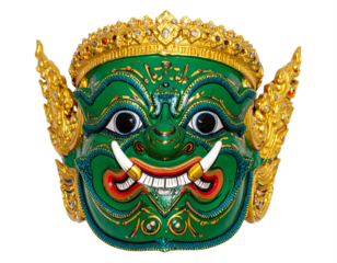 Vibrant green demon mask with ornate gold headdress and detailed facial features