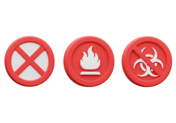 3D Rendered Warning Signs of Fire Hazard and Biohazard on Red Circles