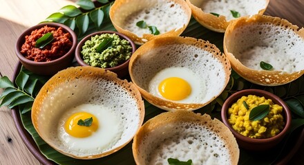Fresh homemade Sri Lankan hoppers made with fermented rice batter and coconut milk served traditionally as a soft centered crispy edged breakfast dish common in Sri Lanka Kerala and Tamil Nadu cuisine