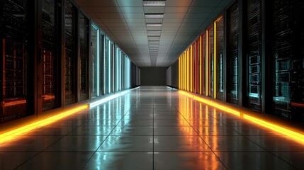 Modern data center with LED-lit server racks and clear blank wall space for overlay elements or technology-focused presentations