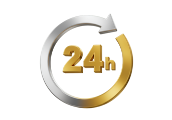 3D Rendering of a Gold and Silver 24h Hour Symbol with Arrow Isolated