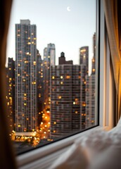 Cityscape View from Hotel Room with Soft Evening Light and Moon
