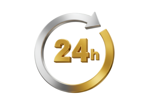 3D Rendering of a Gold and Silver 24h Hour Symbol with Arrow Isolated