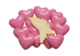 3D Rendering Of Moldova Surrounded By Pink Hearts On Transparent Background