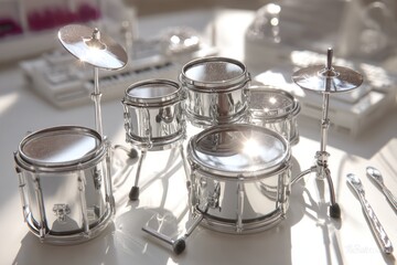 Obraz premium A small, shiny drum kit on a white surface with other miniature objects