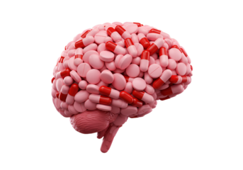 Abstract 3D Illustration Of A Brain Made Of Red And Pink Pills On Black Background