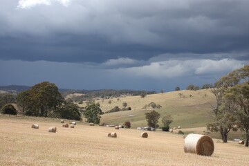 Obraz premium Hay bales in a rural landscape under a stormy sky