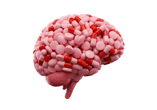 Abstract 3D Illustration Of A Brain Made Of Red And Pink Pills On Black Background