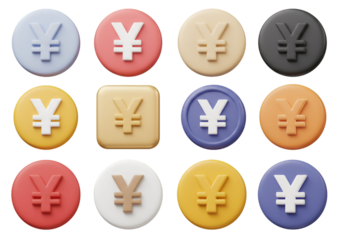 3D Yen Currency Symbols in Various Colors Isolated on Transparent Background