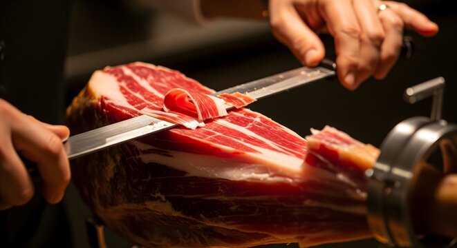 Professional carver slicing traditional Spanish jamon ham close-up