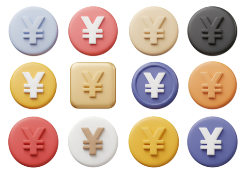 3D Yen Currency Symbols in Various Colors Isolated on Transparent Background