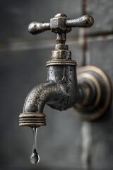 Close-up of Vintage Water Faucet with Dripping Water Drop