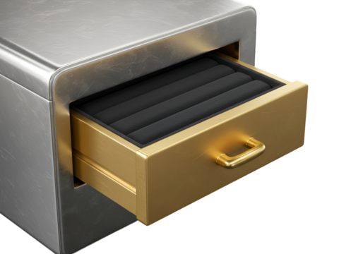 A 3D Rendered Golden Drawer And Metallic Silver Box Isolated Background