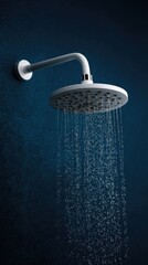White showerhead mounted on a dark blue wall, water cascading downwards