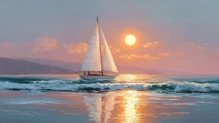 Sunset sailboat on calm ocean waves