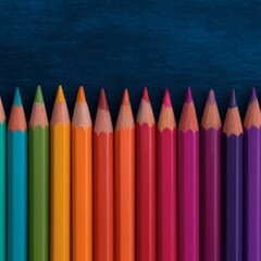 Row of vibrant colored pencils on dark blue background
