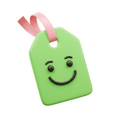 A Cheerful 3D Rendered Green Tag with a Happy Face and Pink Ribbon