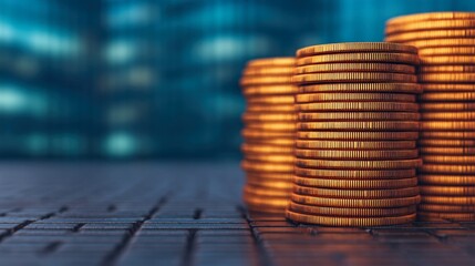 Stacks of Gold Coins on Reflective Surface in Modern City Setting