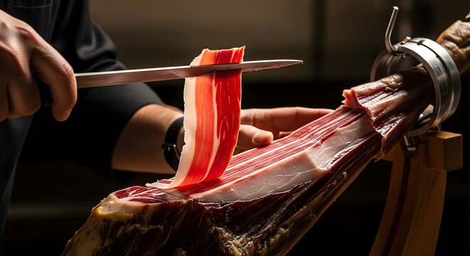 Professional slicing of gourmet Spanish Iberian ham