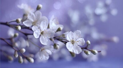 Fototapeta premium A branch with full petals and emerald green buds gently droop, bathed in the soft sunlight against a light blue background. It has HD quality, delicate petal texture, and vibrant colors.