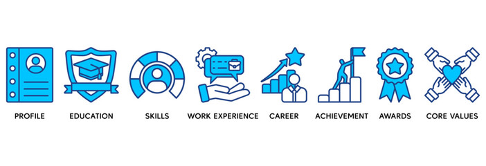 Resume icon set vector illustration concept relate to profile, education, skills, work experience, career, achievement, awards, core values