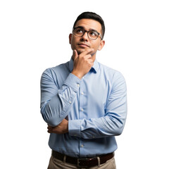Man in blue shirt and glasses thinking deeply isolated on transparent background