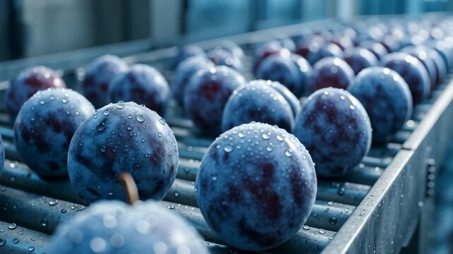 Organic food processing system handling fresh plum fruit conveyor with water droplets showing quality control and packaging