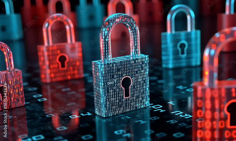 Poster a digital illustration depicting multiple padlocks in shades of blue and red, representing data secu
