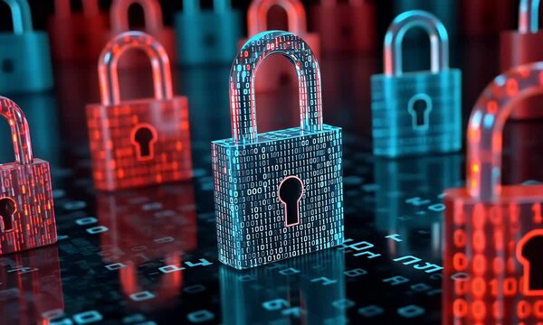 
A digital illustration depicting multiple padlocks in shades of blue and red, representing data security. The background is filled with binary code to symbolize the technological aspect.