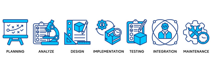 Software development icon set vector illustration concept relate to planning, analyze, design, implementation, testing, integration, and maintenance