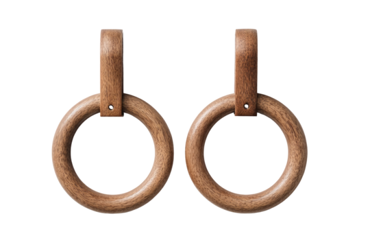 Pair of light brown wooden hoop earrings.  Simple, circular hoops connected by a light brown wooden bar.  Earring backs not visible.  Studio shot against black background