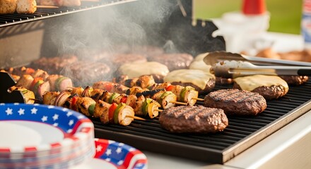 Delicious Burgers and Kebabs Grilling on a Barbecue for Labor Day Celebration Outdoors