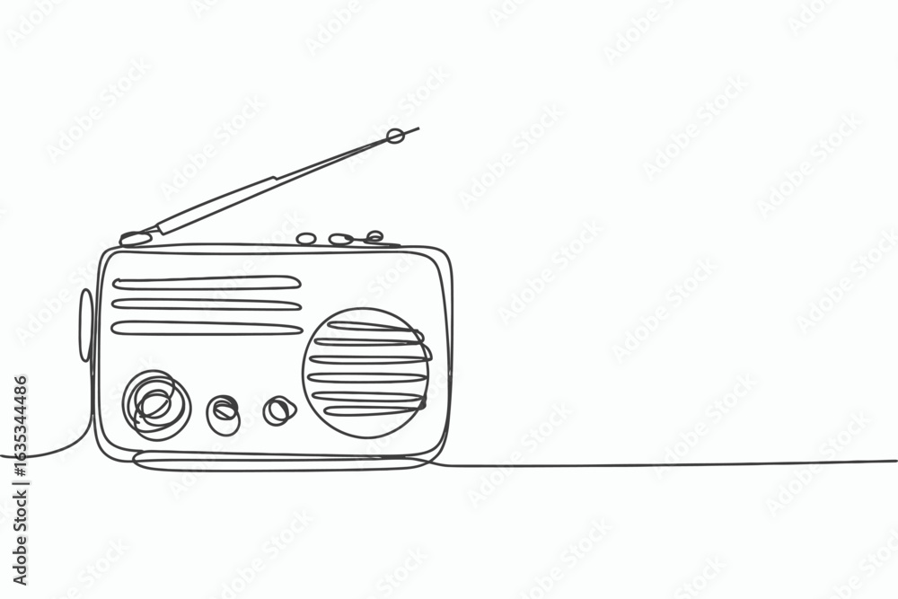 Poster continuous line drawing of a retro radio isolated on white background
