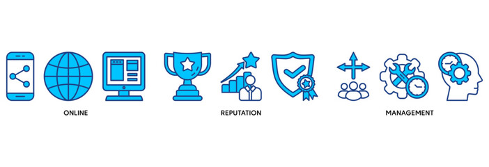 ORM icon set vector illustration concept relate to online reputation management with icon of internet, browser, winner, trust, favorite, and business