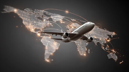 White airplane flying over a glowing world map with flight paths