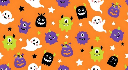 Cute cartoon halloween seamless pattern with ghosts, monsters and candy bags on orange background