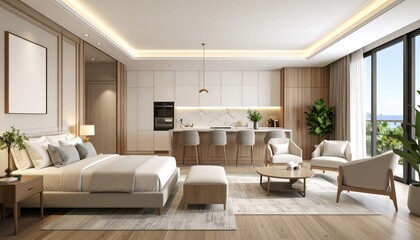 Luxurious OpenConcept Living Bedroom Kitchen and Lounge with Coastal View.
