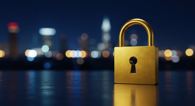 Digital Fortress: A close-up of a golden padlock, a powerful emblem of digital security and privacy. Set against a blurred night cityscape, it symbolizes protection in the digital age.