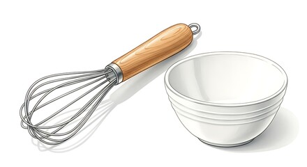 Essential Baking Tools Wooden Handled Whisk and Ceramic Bowl Illustration for Food Preparation and Culinary Arts Projects Detailed and Isolated