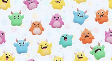 Obraz premium Seamless pattern of cute, colorful cartoon monsters with various expressions on a light background
