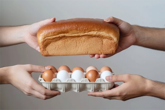 hand exchange bread for egg. Commodity barter system