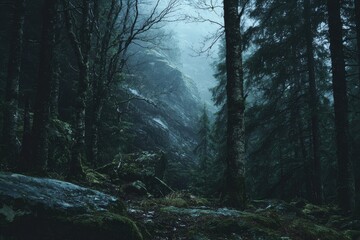 Misty, dark forest path through rocky terrain