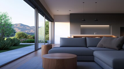 Naklejka premium Modern Living Room with Scenic View and Open Floor Plan