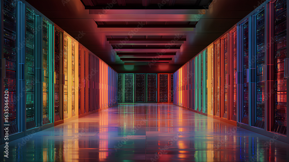 Poster dark colorful servers center room with computers and storage systems.