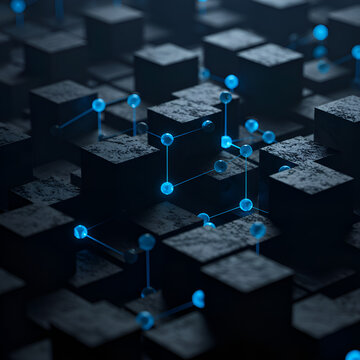 Abstract 3D Illustration of Blue Connected Cubes on a Dark Background