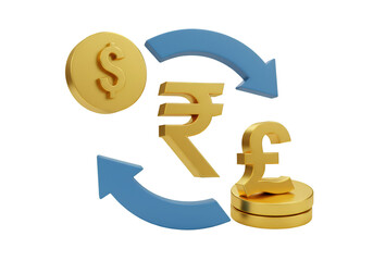 3D Rendering of Currency Exchange with Dollar Rupee and Pound Symbols against Transparent Background