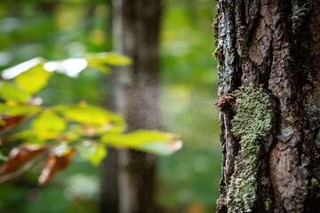 Close-up of a tree trunk with mist, out-of-focus forest background