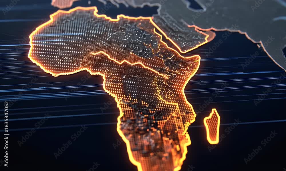 Poster digital map of africa with glowing data points and futuristic lines, symbolizing global connectivity