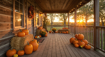 Warm Autumn Front Porch With Hay Bale Pumpkins And Fall Wreath