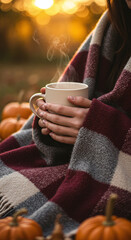 Woman Holding Ceramic Mug with Steam Rising Wrapped in Plaid Blanket